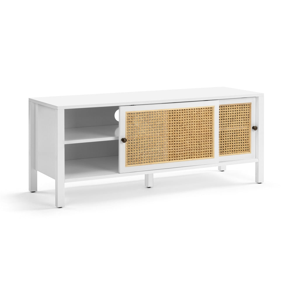 Lucien Lowline Entertainment Unit TV Stand W/ 2-Sliding Doors 116cm - White/Rattan Fast shipping On sale