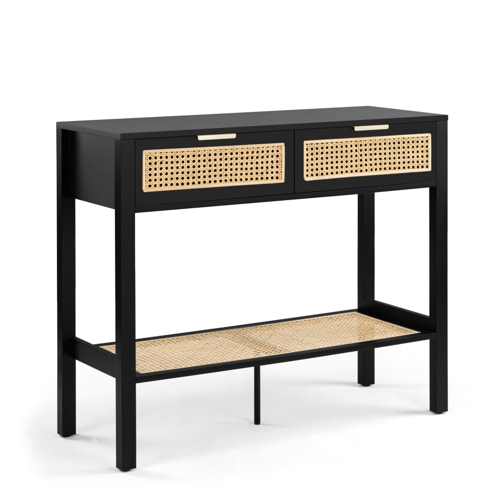 Lucien Wooden Hallway Console Hall Table W/ 2-Drawers - Black/Rattan Fast shipping On sale