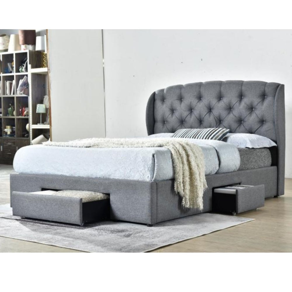 Modern Designer Fabric Double Tufted Headboard Bed Frame With Drawers Storage - Dark Grey Fast shipping On sale