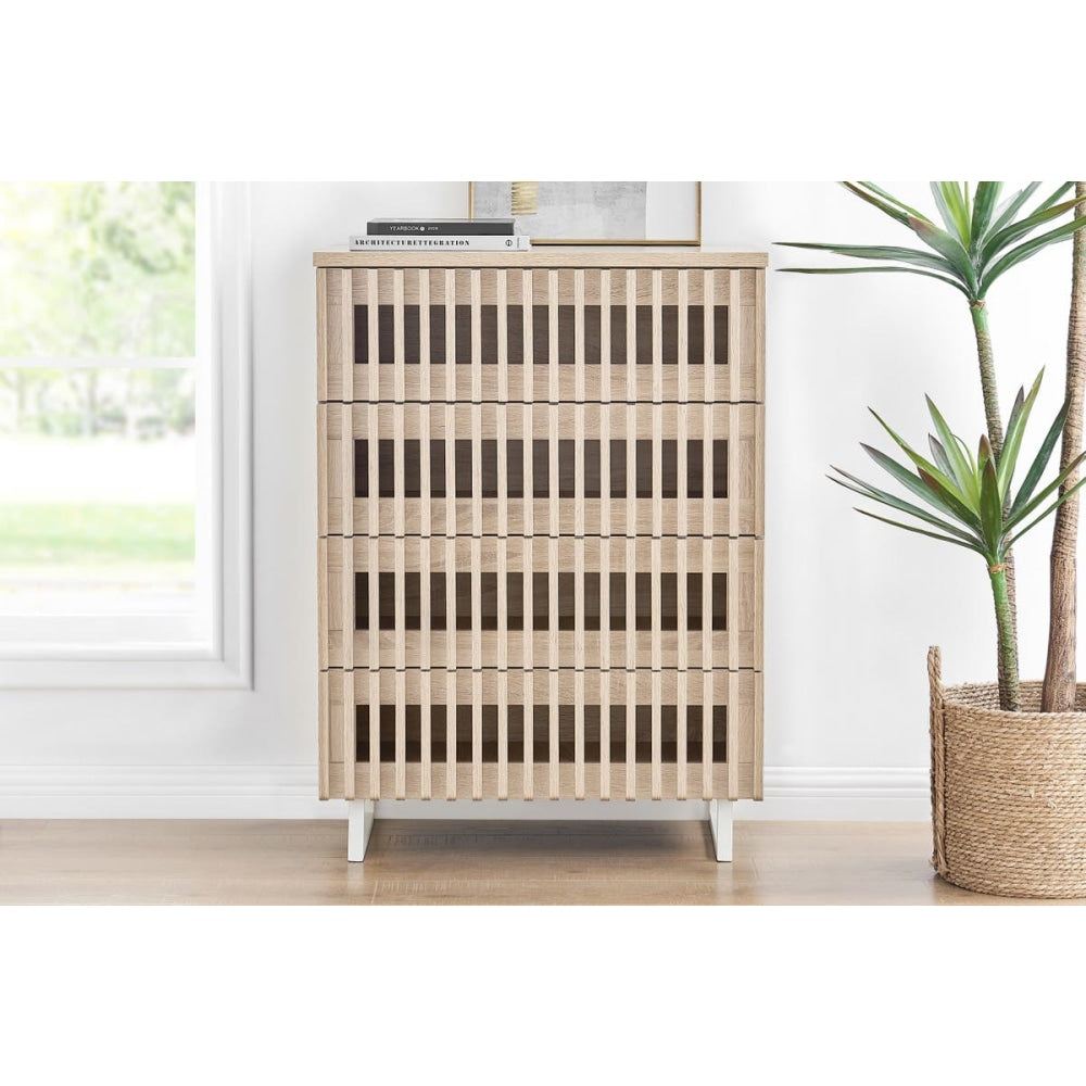 Manila Modern Slotted Design Chest of 4-Drawers Tallboy Storage Cabinet - Natural Of Drawers Fast shipping On sale