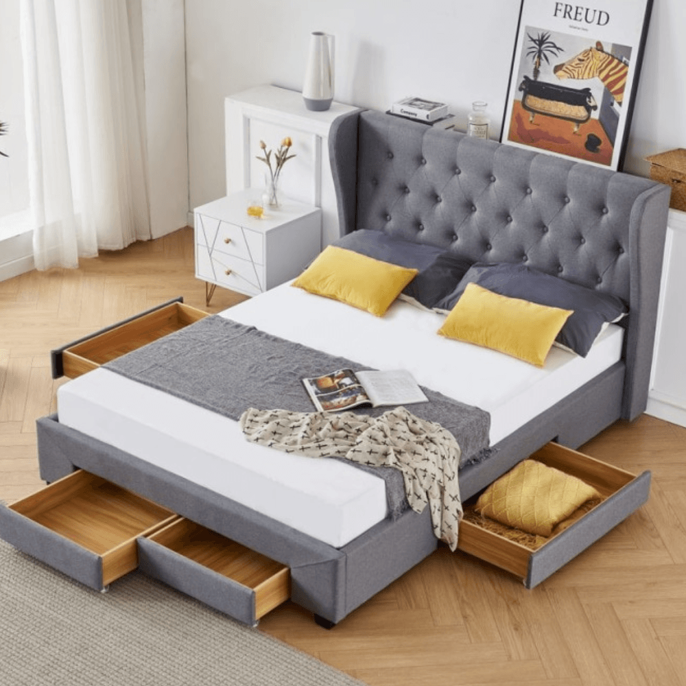 Modern Fabric Bed Frame W/ 4 - Drawers Storage Double Size - Dark Grey Fast shipping On sale