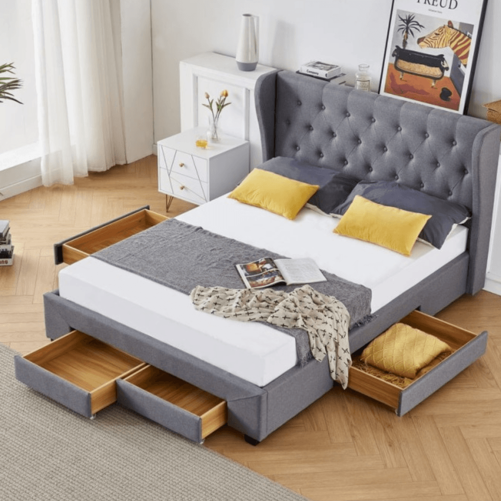 Modern Fabric Bed Frame W/ 4-Drawers Storage Queen Size - Dark Grey Fast shipping On sale