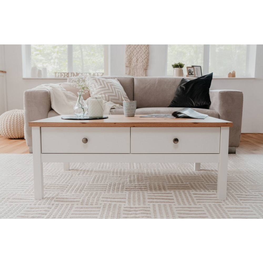 Mark Wooden Rectangular Coffee Table W/ 2-Drawers - White/Oak Fast shipping On sale