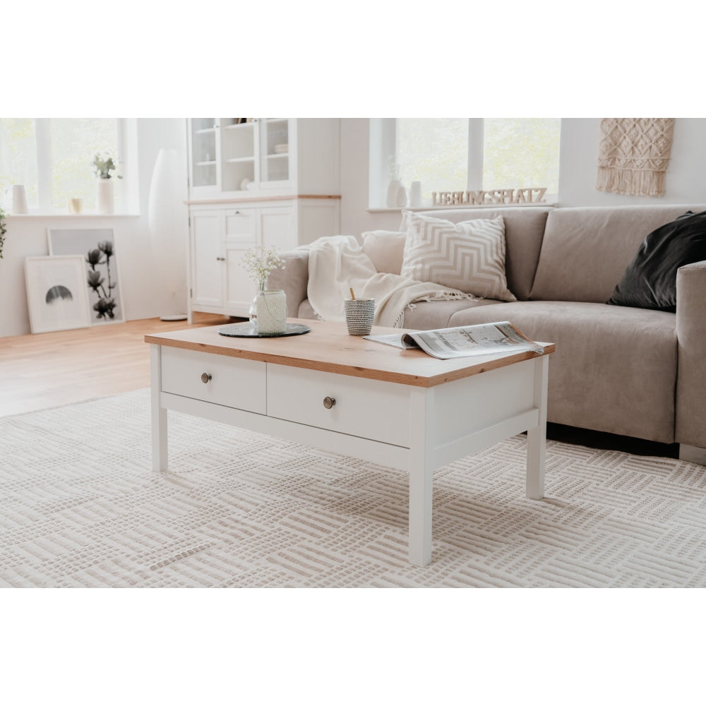 Mark Wooden Rectangular Coffee Table W/ 2-Drawers - White/Oak Fast shipping On sale