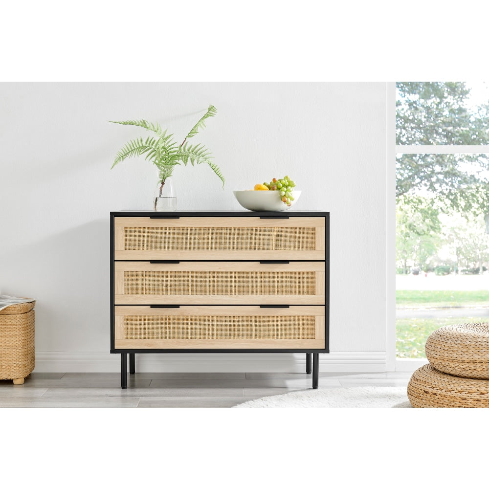 Marrakesh Chest of 3-Drawers Lowboy Storage Cabinet - Black/Rattan Of Drawers Fast shipping On sale