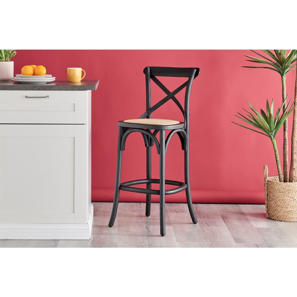 Melrose Cross Back Wooden Kitchen Counter Bar Stool Rattan Seat - Birch/Black Black Fast shipping On sale