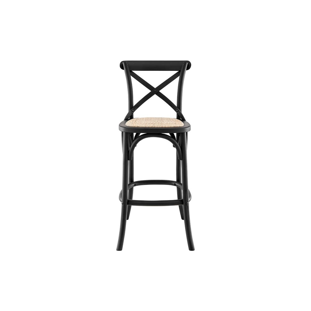Melrose Cross Back Wooden Kitchen Counter Bar Stool Rattan Seat - Birch/Black Black Fast shipping On sale