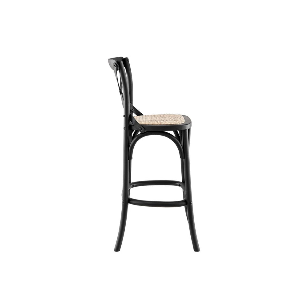 Melrose Cross Back Wooden Kitchen Counter Bar Stool Rattan Seat - Birch/Black Black Fast shipping On sale