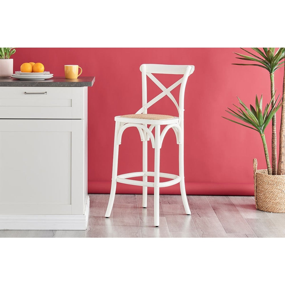 Melrose Cross Back Wooden Kitchen Counter Bar Stool Rattan Seat - Birch/White White Fast shipping On sale