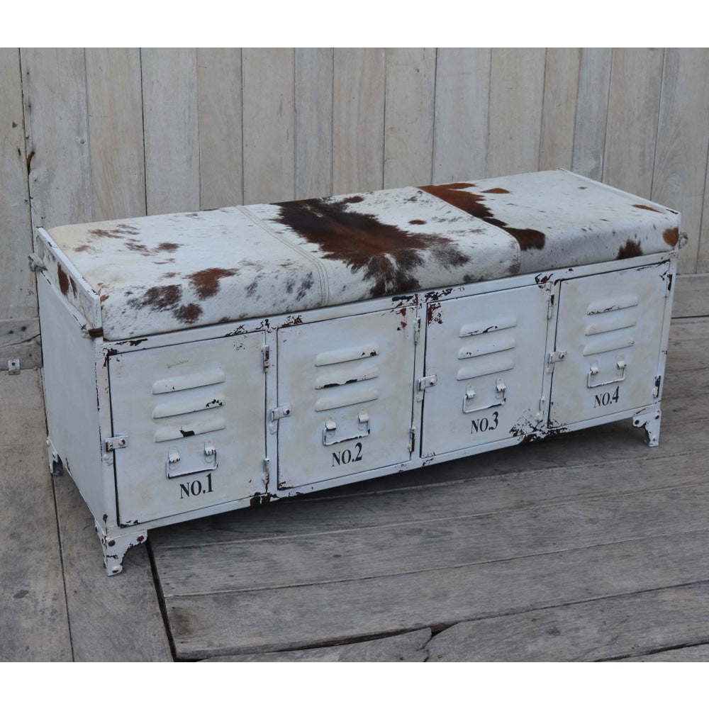 Michelle Iron Locker Bench Storage Ottoman Cowhide Fast shipping On sale