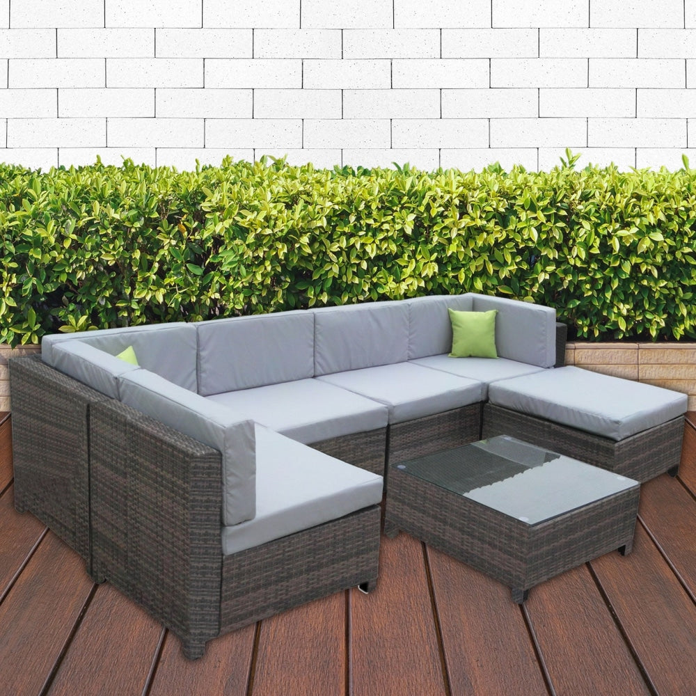 Milano Outdoor 7 Piece Oatmeal Rattan Sofa Set - Black Coating & Grey Seats (7 Boxes) Sets Fast shipping On sale