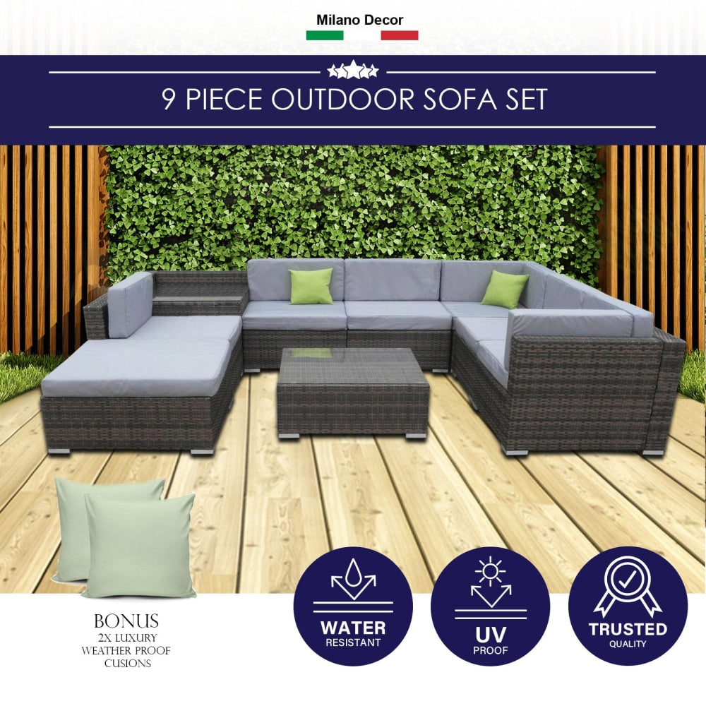 Milano Outdoor 9 Piece Oatmeal Rattan Sofa Set - Black Coating & Grey Seats (6 Boxes) Sets Fast shipping On sale