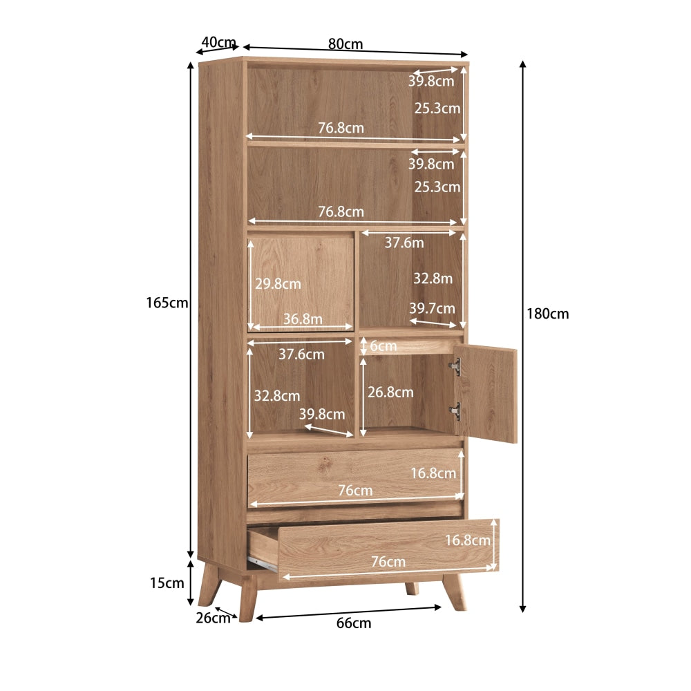 Minere Tall Bookcase Display Storage Cabinet W/ 2 - Doors 2 - Drawers - Oak Fast shipping On sale