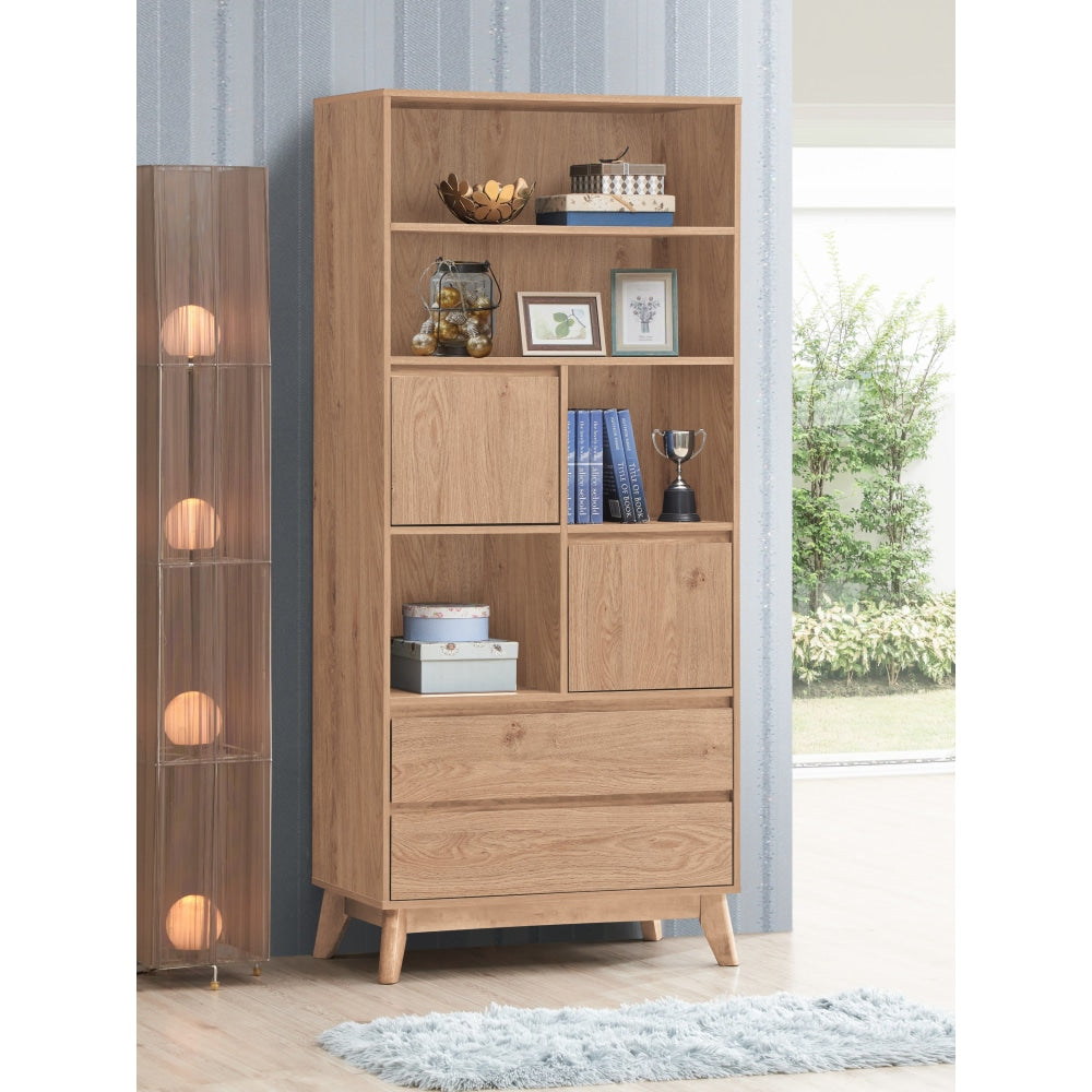 Minere Tall Bookcase Display Storage Cabinet W/ 2 - Doors 2 - Drawers - Oak Fast shipping On sale
