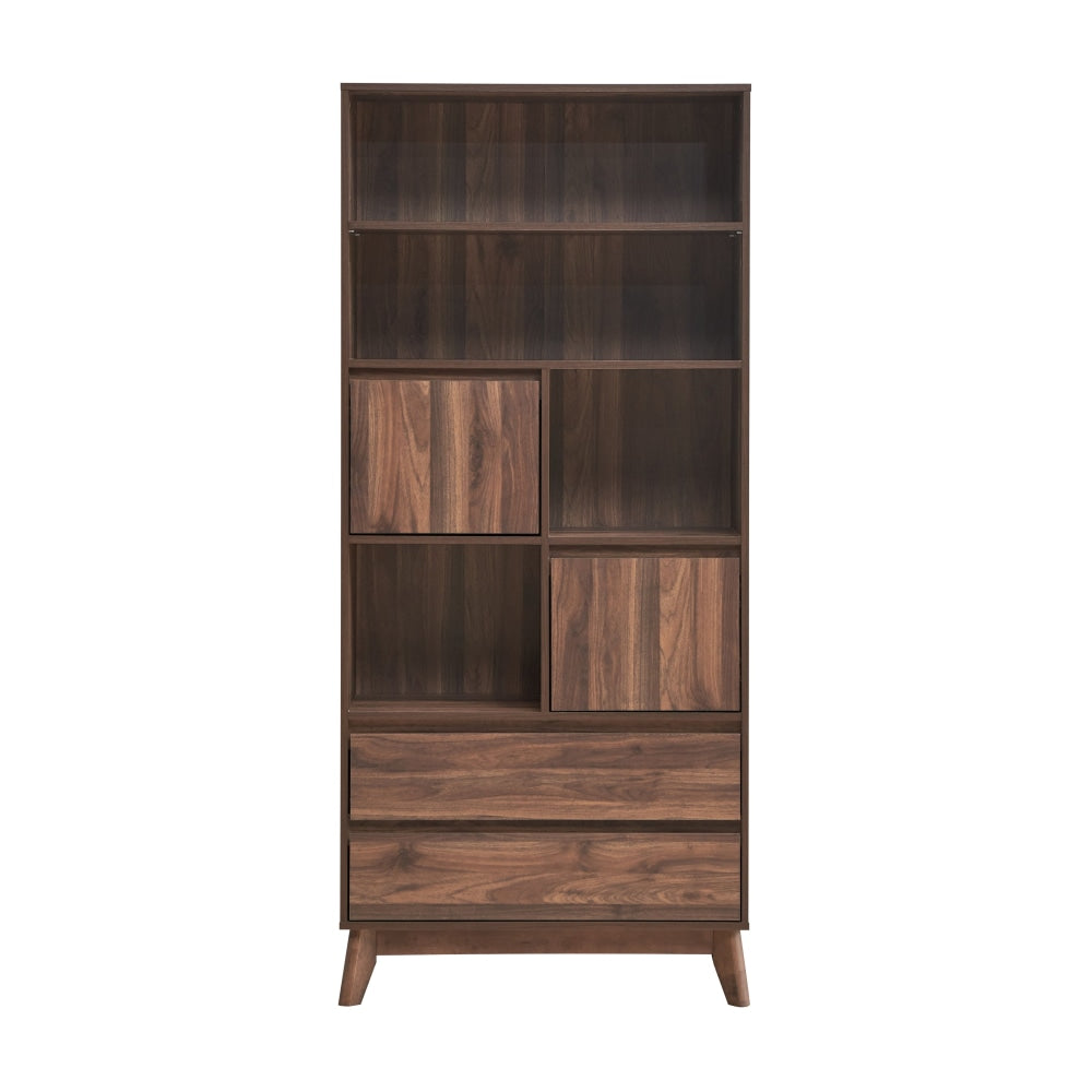 Minere Tall Bookcase Display Storage Cabinet W/ 2 - Doors 2 - Drawers - Walnut Fast shipping On sale