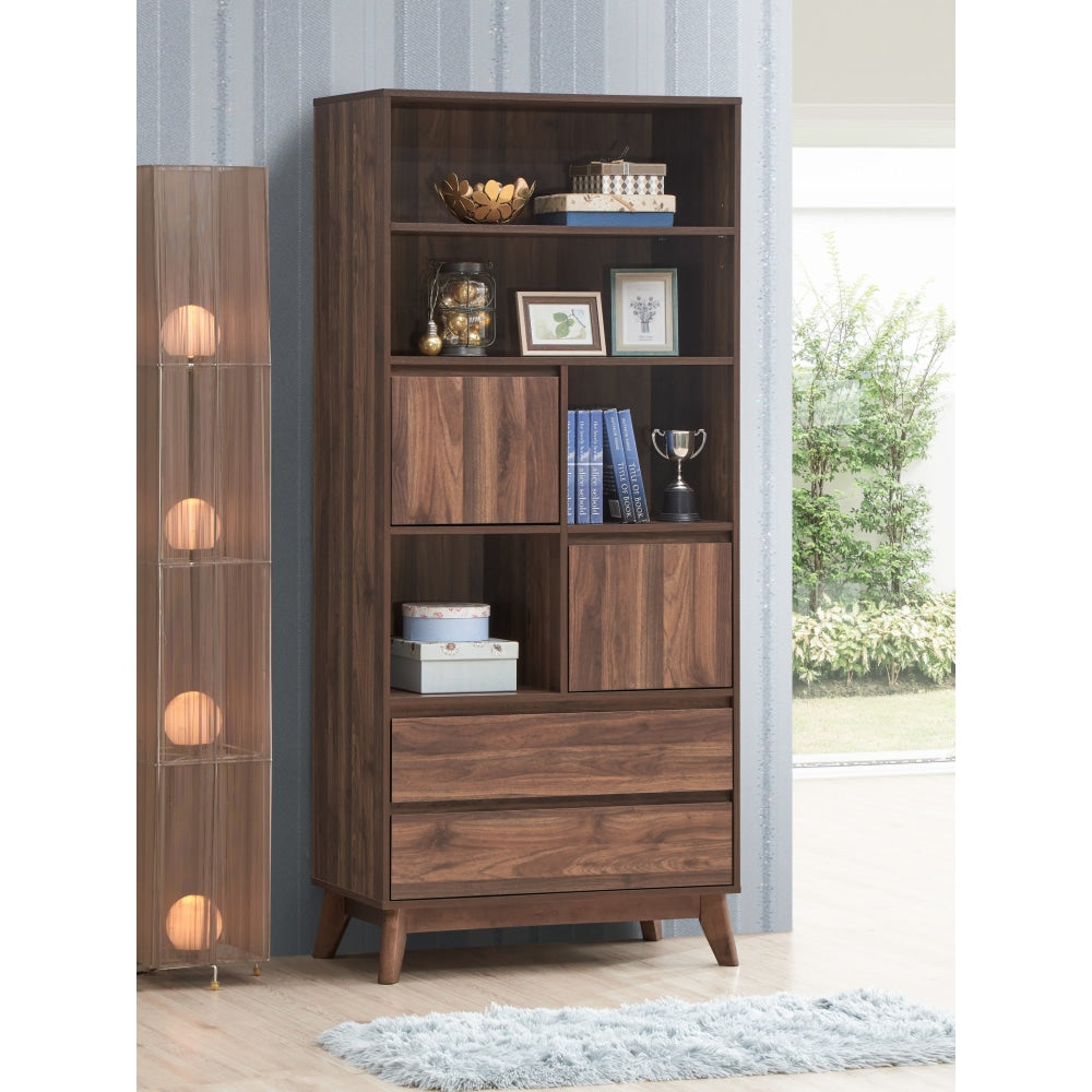 Minere Tall Bookcase Display Storage Cabinet W/ 2 - Doors 2 - Drawers - Walnut Fast shipping On sale
