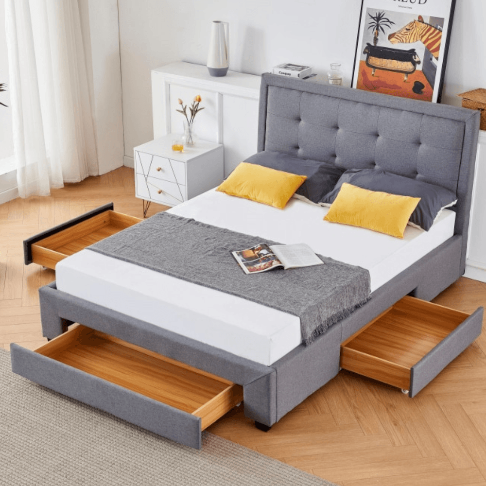 Designer Fabric Modern Bed Frame W/ Headboard & 3-Drawers Double Size - Dark Grey Fast shipping On sale