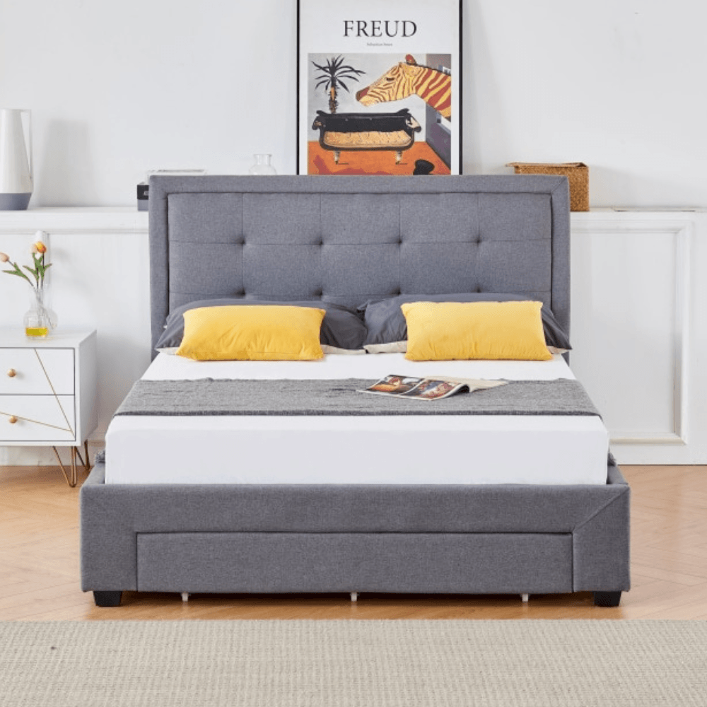 Designer Fabric Modern Bed Frame W/ Headboard & 3-Drawers Double Size - Dark Grey Fast shipping On sale