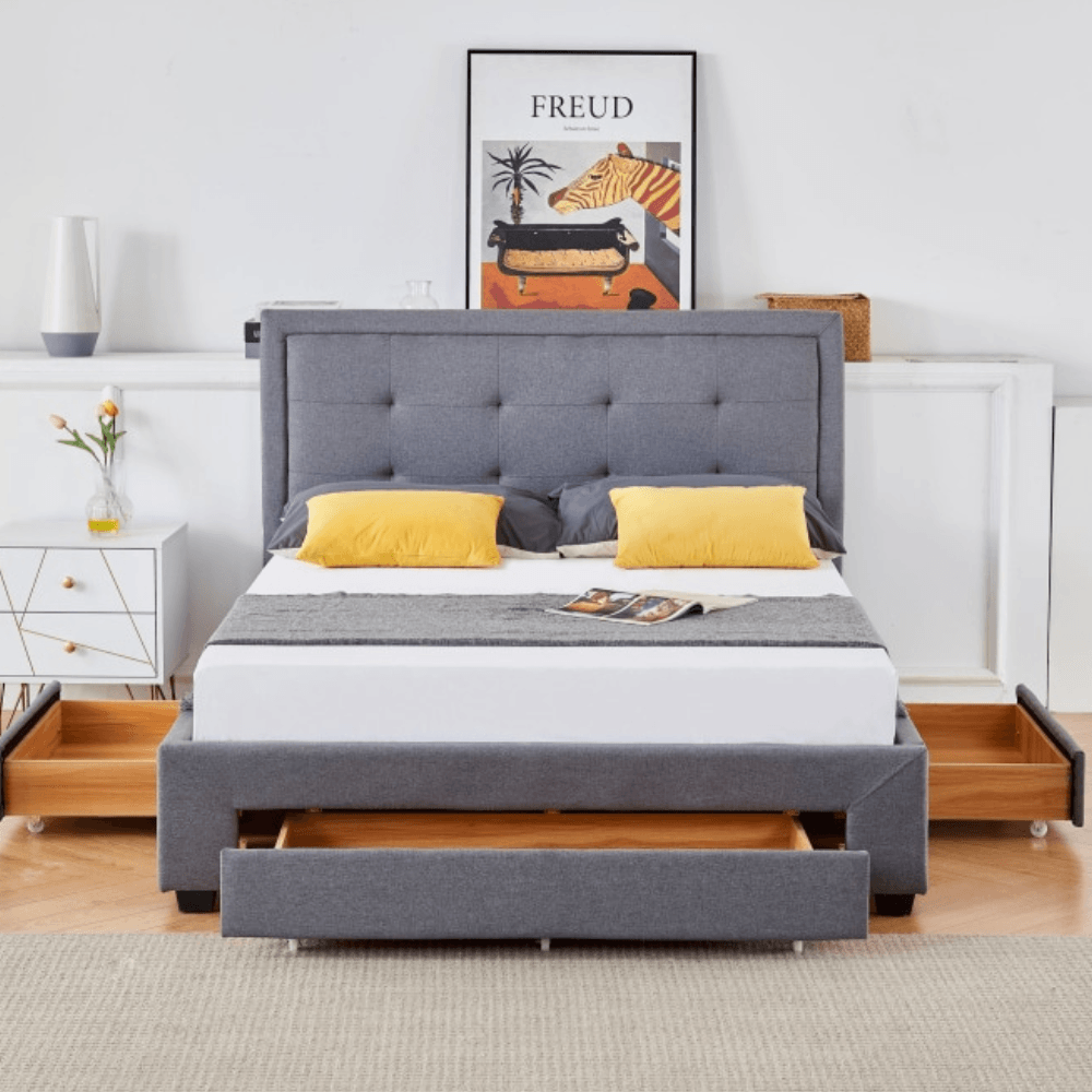 Designer Fabric Modern Bed Frame W/ Headboard & 3-Drawers Double Size - Dark Grey Fast shipping On sale