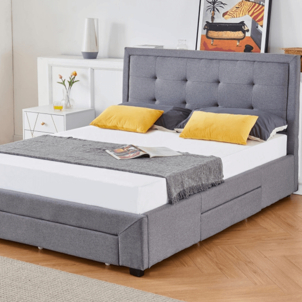 Designer Fabric Modern Bed Frame W/ Headboard & 3-Drawers Double Size - Dark Grey Fast shipping On sale