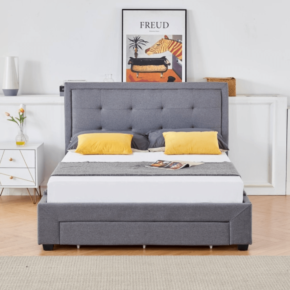 Designer Fabric Modern Bed Frame W/ Headboard & 3-Drawers Queen Size - Dark Grey Fast shipping On sale