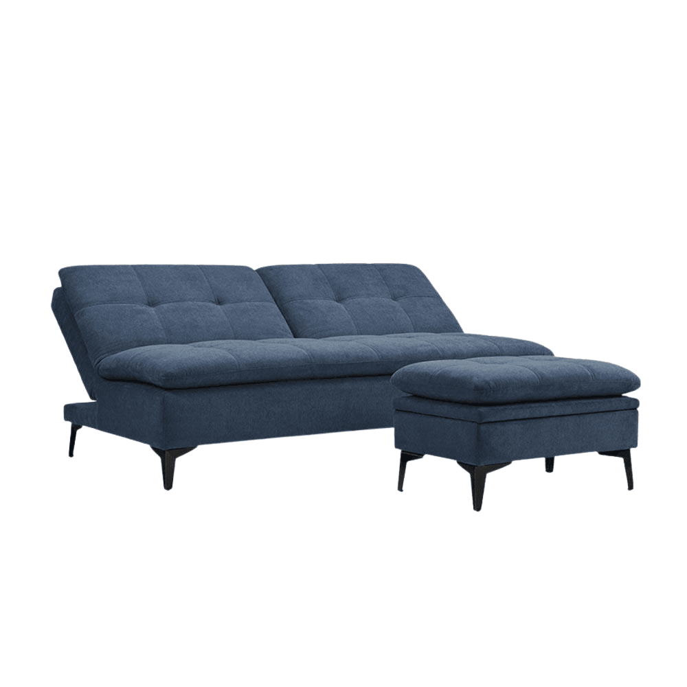 Designer 3 - Seater Fabric Sofa Bed Wooden Legs W/ Ottoman - Blue Fast shipping On sale