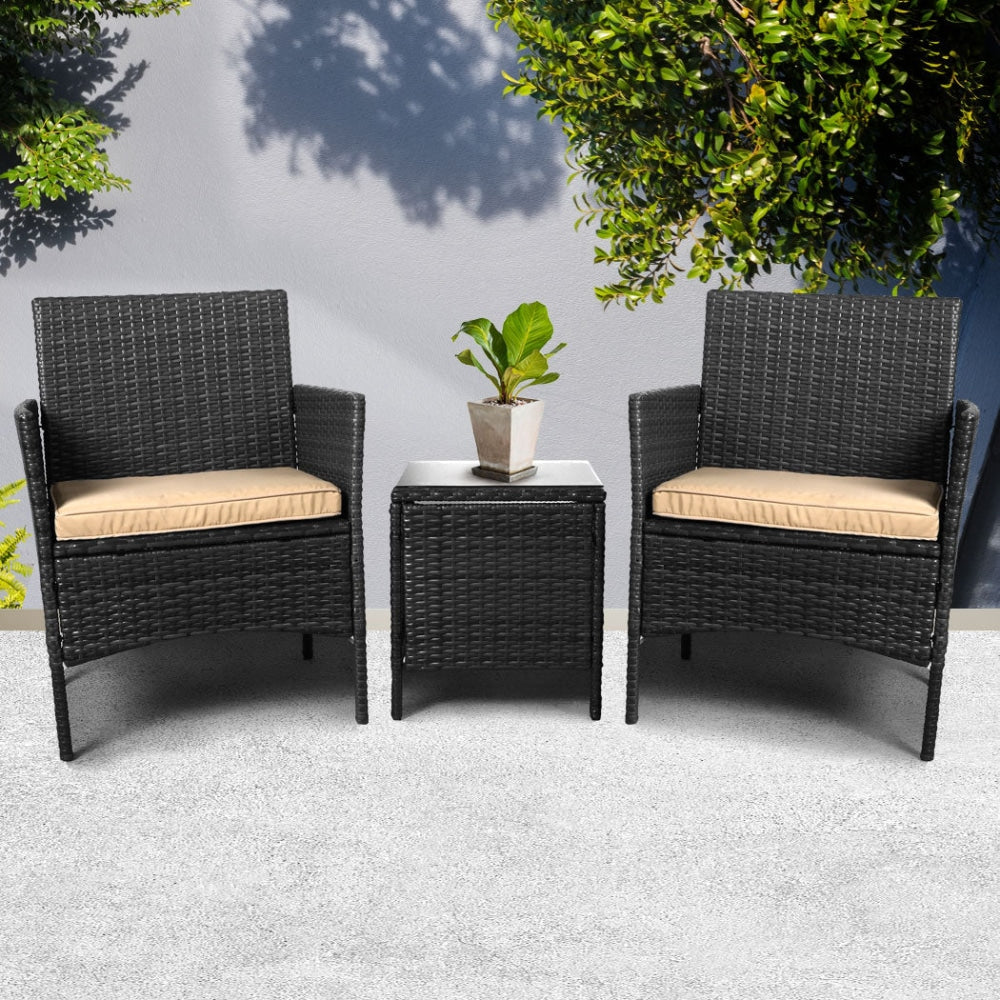 Outdoor Furniture Set Patio Garden 3 Pcs Chair Table Rattan Wicker Cushion Seat Black Sets Fast shipping On sale