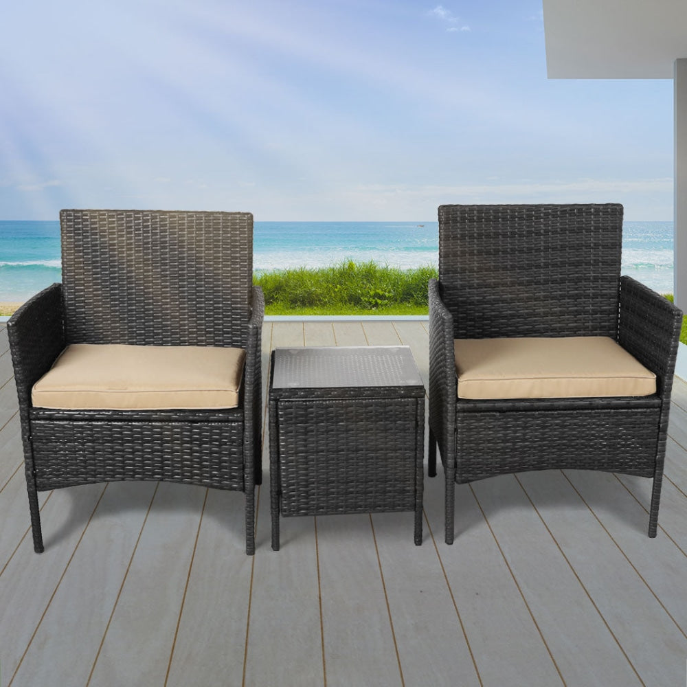 Outdoor Furniture Set Patio Garden 3 Pcs Chair Table Rattan Wicker Cushion Seat Black Sets Fast shipping On sale