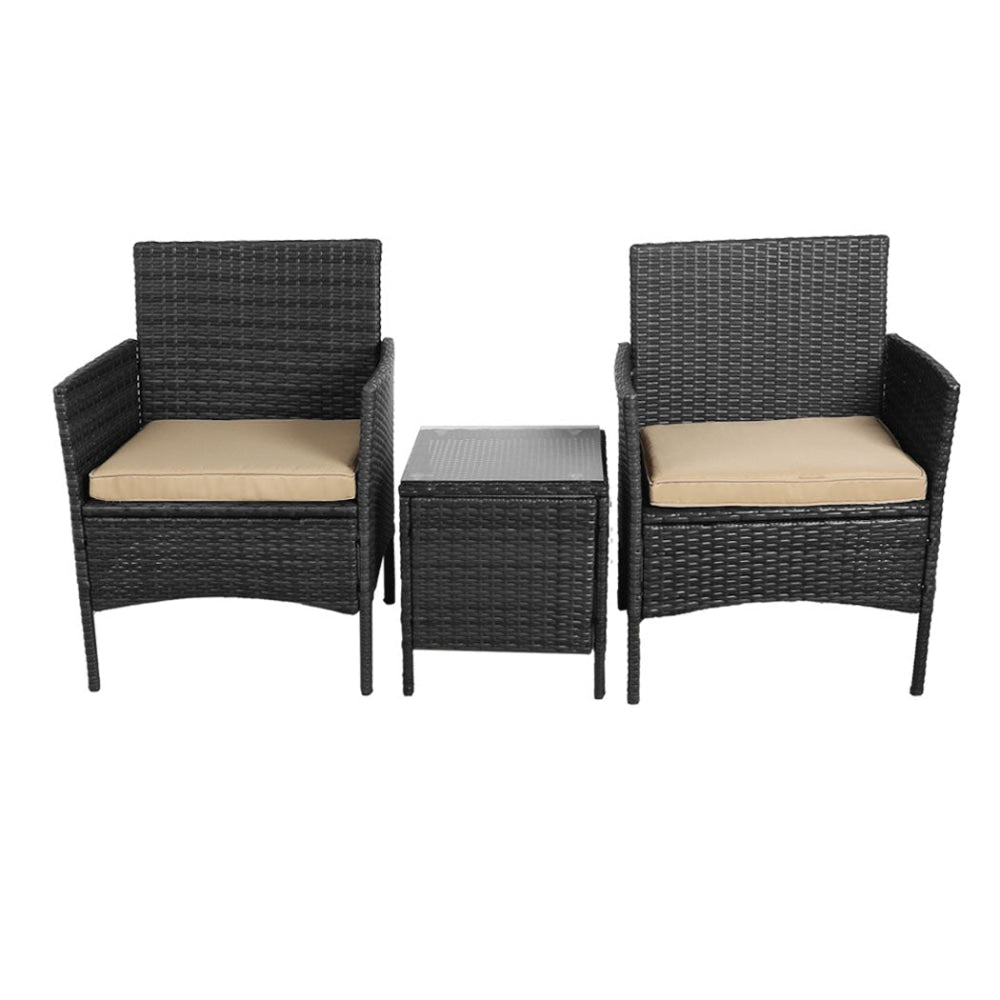 Outdoor Furniture Set Patio Garden 3 Pcs Chair Table Rattan Wicker Cushion Seat Black Sets Fast shipping On sale