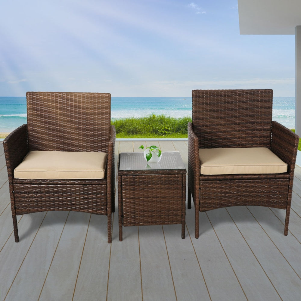 Outdoor Furniture Set Patio Garden 3 Pcs Chair Table Rattan Wicker Cushion Seat Brown Sets Fast shipping On sale