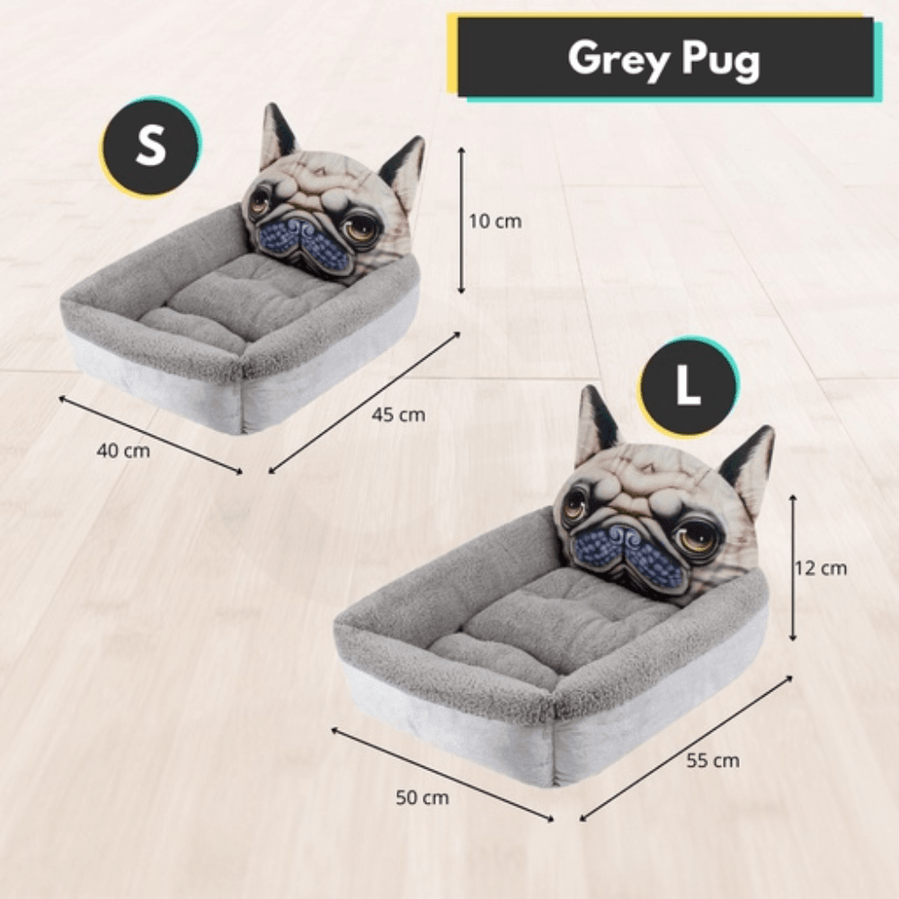 Pet Bed 3D Cartoon Square Pug Large Size (Grey) Cat Cares Fast shipping On sale
