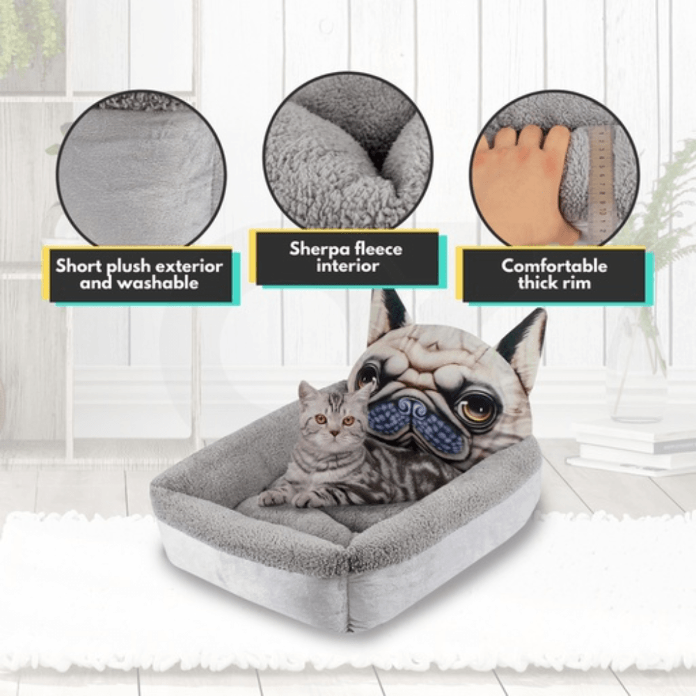 Pet Bed 3D Cartoon Square Pug Small Size (Grey) Dog Cares Fast shipping On sale