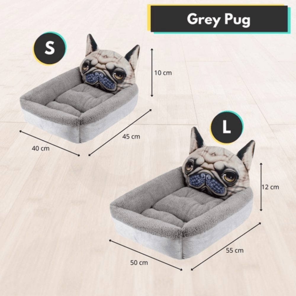 Pet Bed 3D Cartoon Square Pug Small Size (Grey) Dog Cares Fast shipping On sale