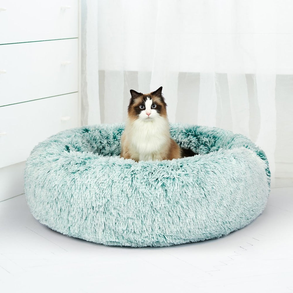 Pet Bed Cat Dog Donut Nest Calming Mat Soft Plush Kennel Teal M Supplies Fast shipping On sale