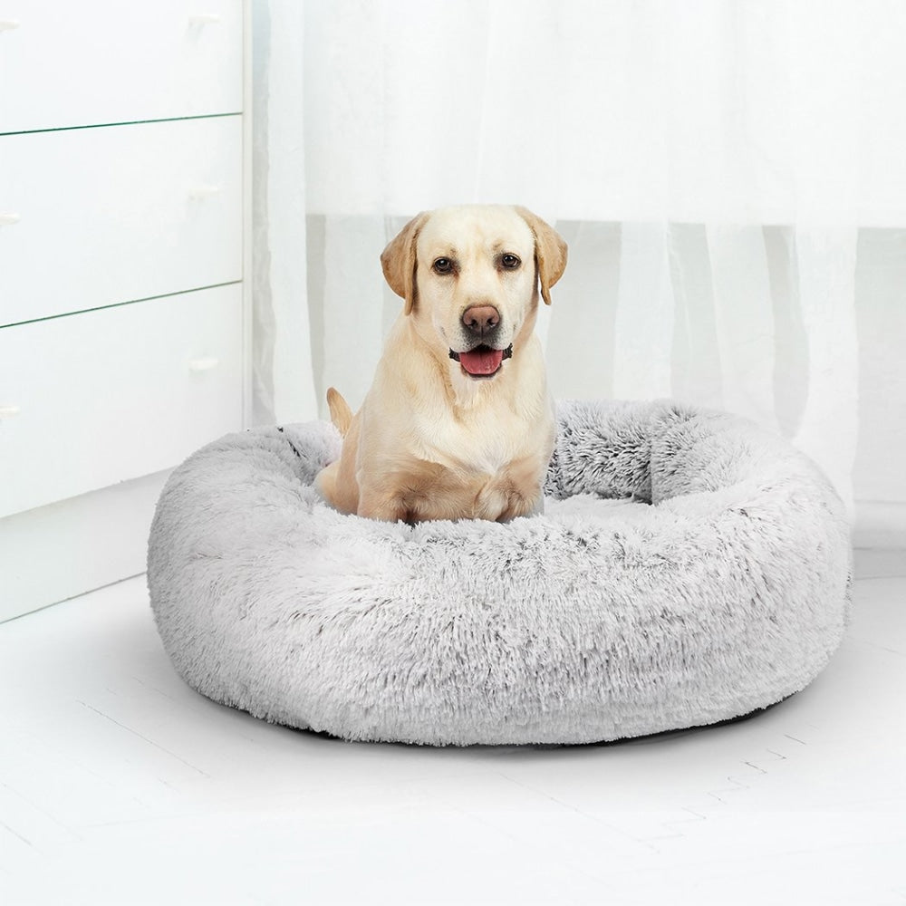 Pet Bed Cat Dog Donut Nest Calming Mat Soft Plush Kennel White with Coffee Hint M Supplies Fast shipping On sale