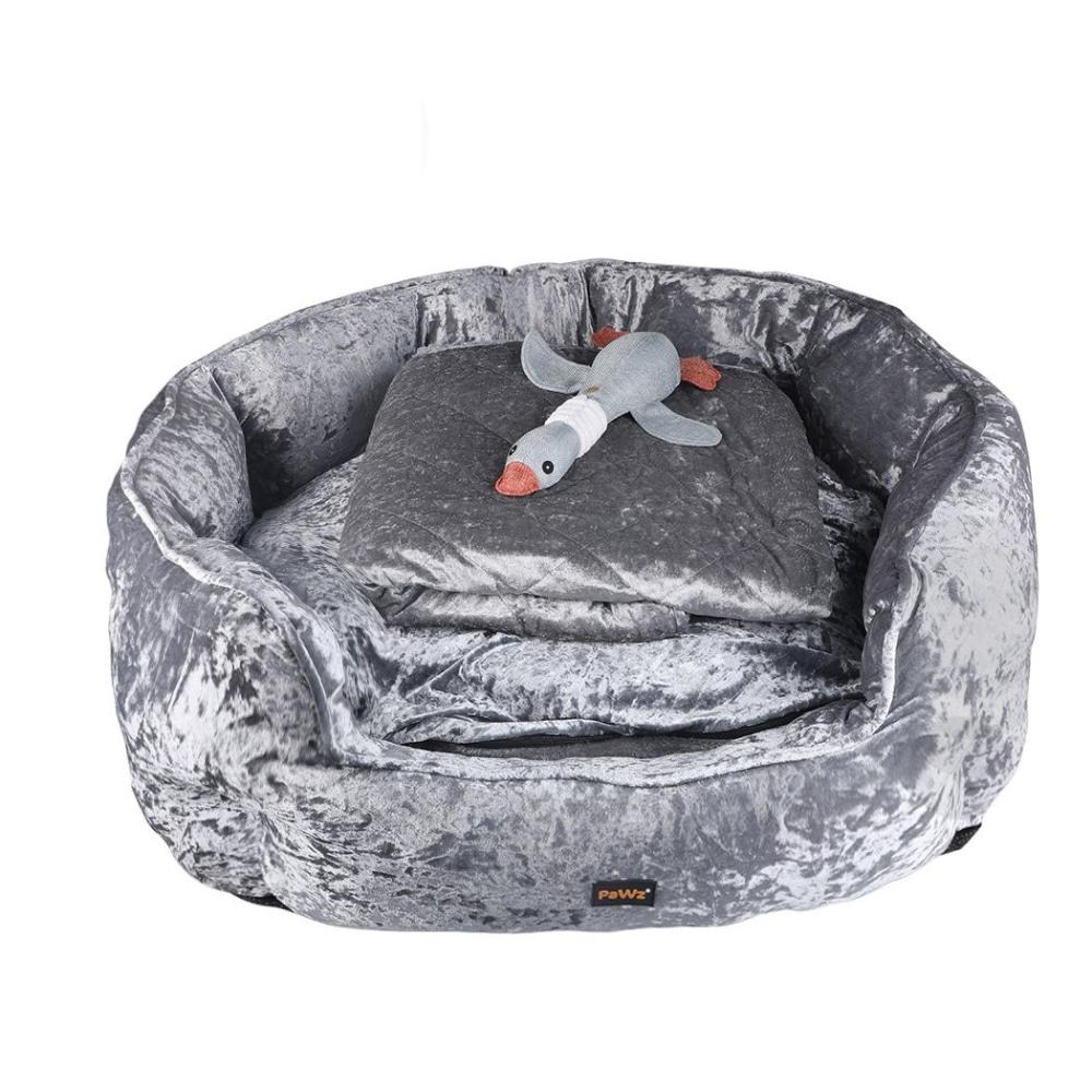 Pet Bed Set Dog Cat Quilted Blanket Squeaky Toy Calming Warm Soft Nest Grey L Supplies Fast shipping On sale