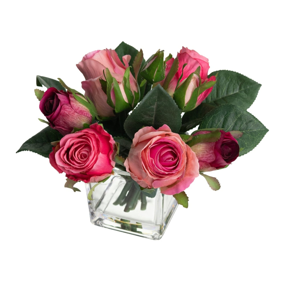 Pink Small Rose Artificial Fake Plant Decorative Arrangement 21cm In Glass Fast shipping On sale