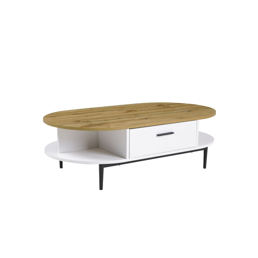 Polish 1-Drawer Oval Wooden Coffee Table W/ Open Compartments - White/Natural Fast shipping On sale