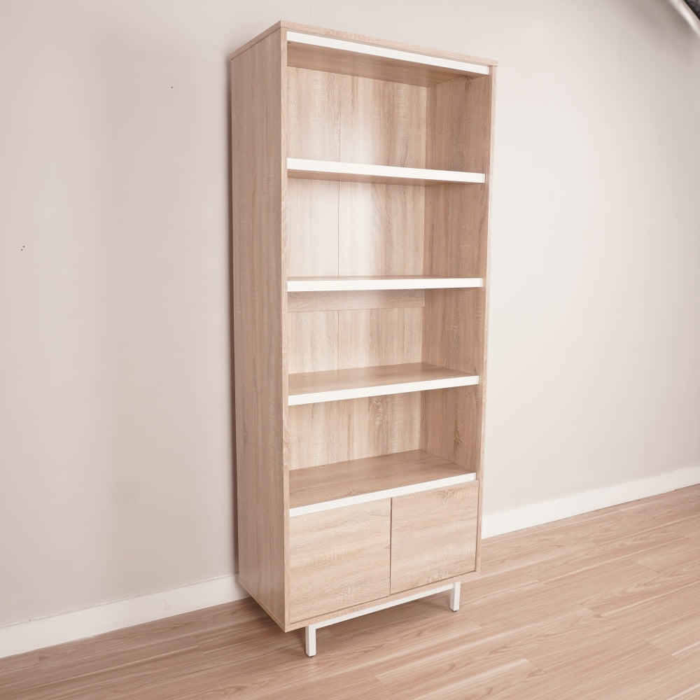 Rachel 4-Tier Bookcase Display Shelf Storage Cabinet W/ 2-Doors Oak/White Fast shipping On sale