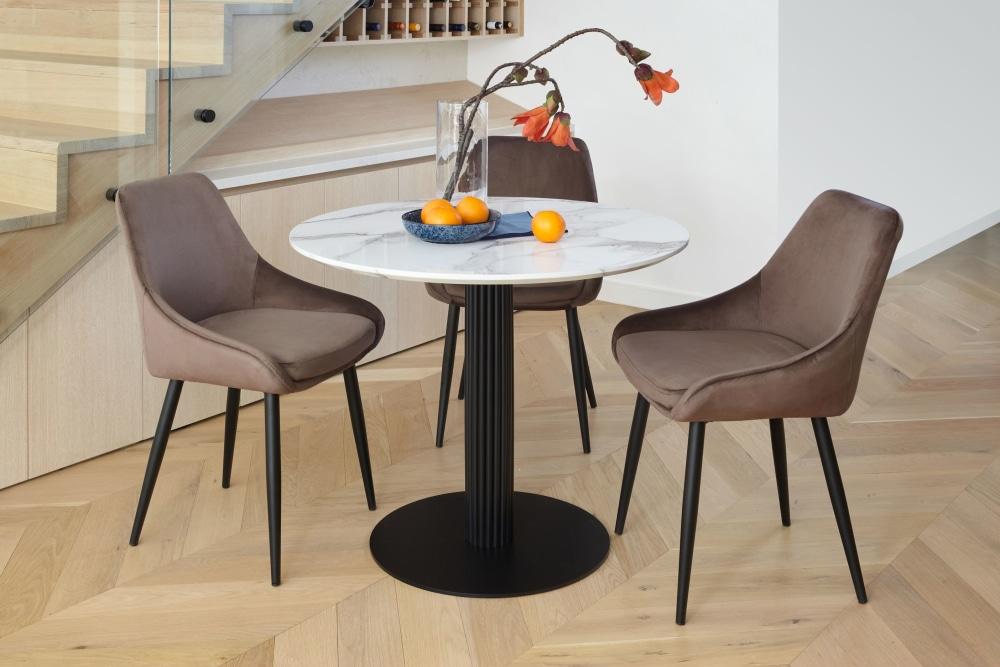 Rafael Round Dining Table With Marble Effect 90cm - Black Metal Frame - White Sevella Fast shipping On sale