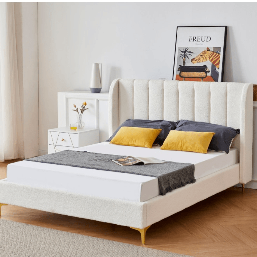 Modern Luxury Fabric Bed Frame W/ Headboard Double Size - Boucle Fast shipping On sale