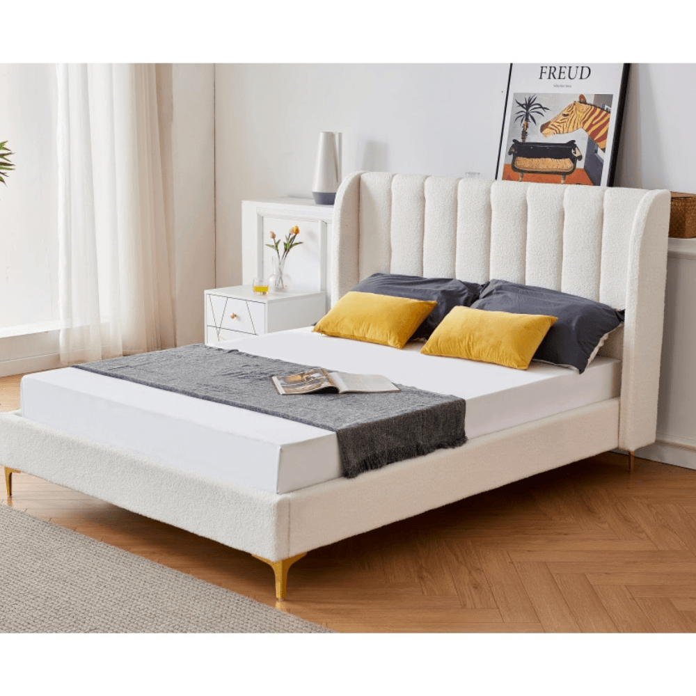 Modern Luxury Fabric Bed Frame W/ Headboard Double Size - Boucle Fast shipping On sale