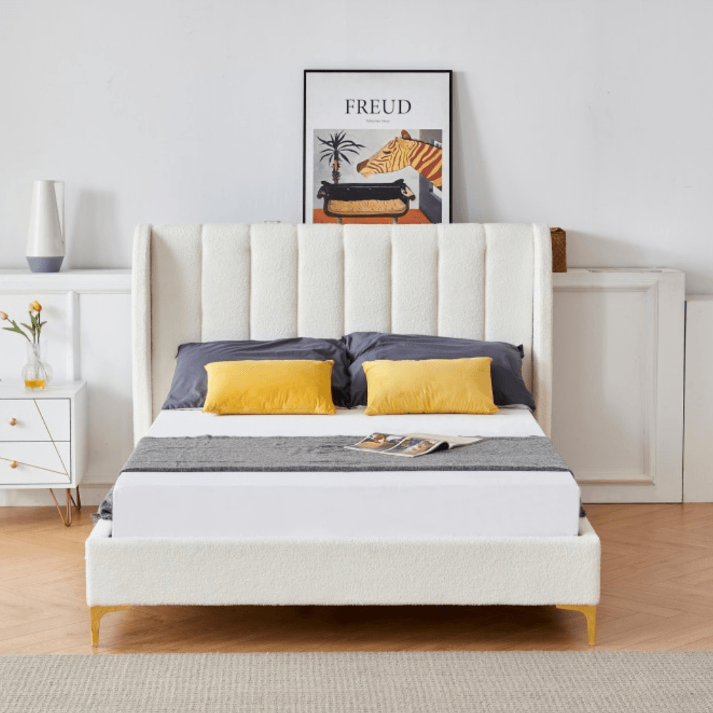 Modern Luxury Fabric Bed Frame W/ Headboard Double Size - Boucle Fast shipping On sale