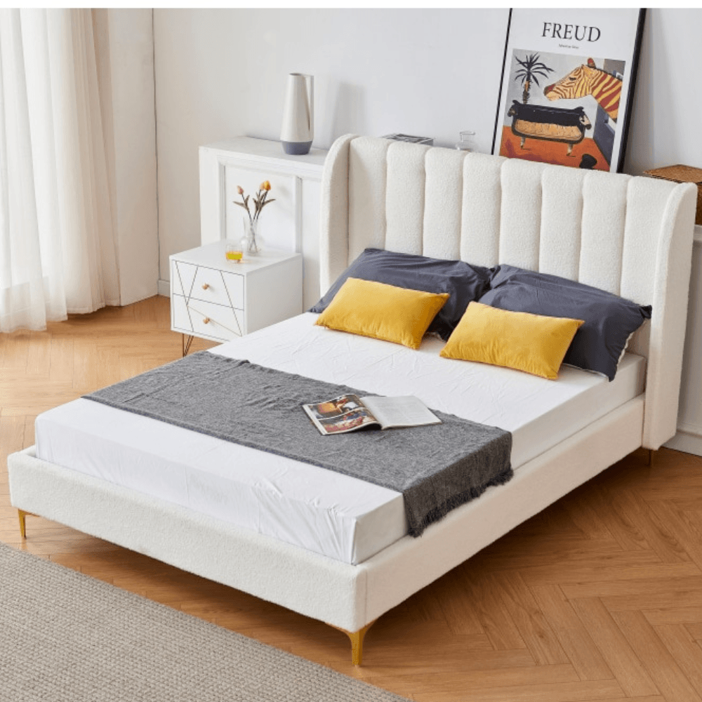 Modern Luxury Fabric Bed Frame W/ Headboard Queen Size - Boucle Fast shipping On sale