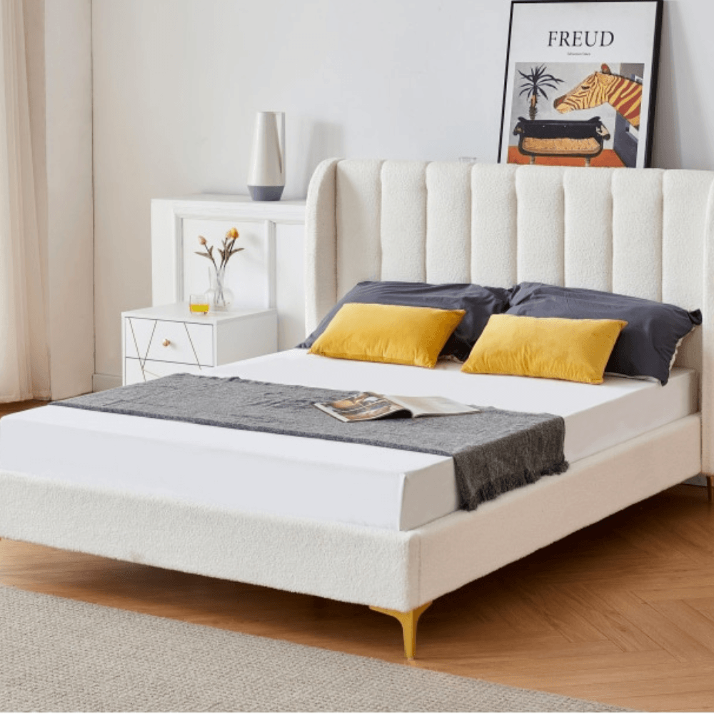 Modern Luxury Fabric Bed Frame W/ Headboard Queen Size - Boucle Fast shipping On sale