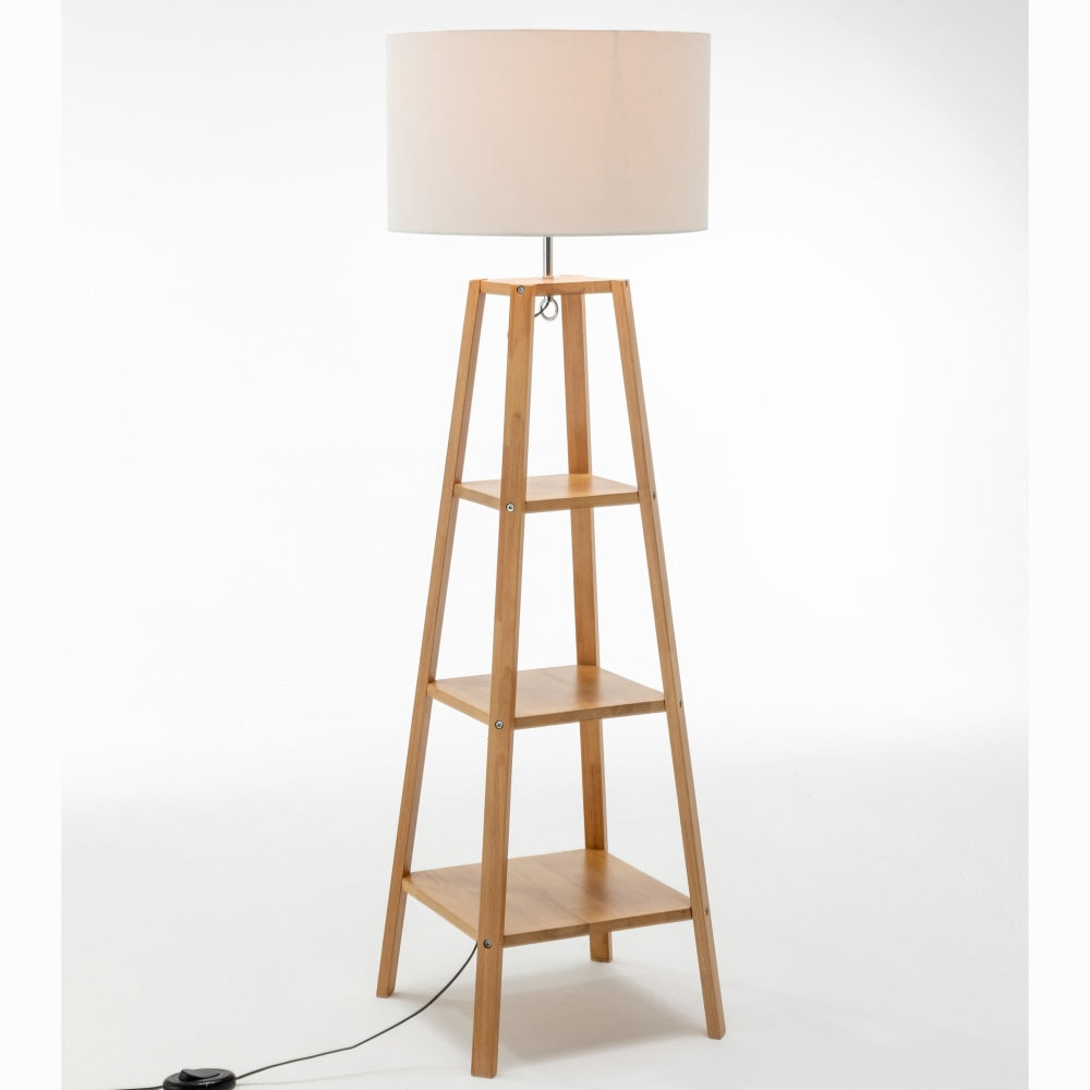 Ren Rubberwood Floor Lamp W/ 3 Square Shelves Linen Shade - Off White/Natural Fast shipping On sale