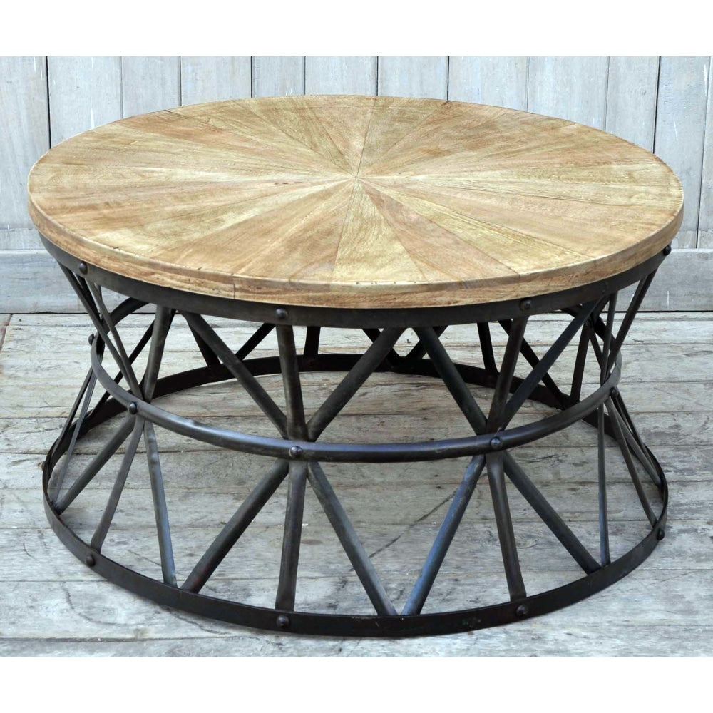 Roger Rustic Industrial Cast Iron Hardwood Top Round Coffee Table Fast shipping On sale