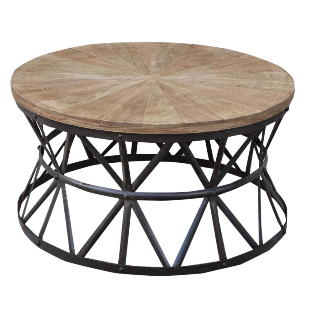 Roger Rustic Industrial Cast Iron Hardwood Top Round Coffee Table Fast shipping On sale