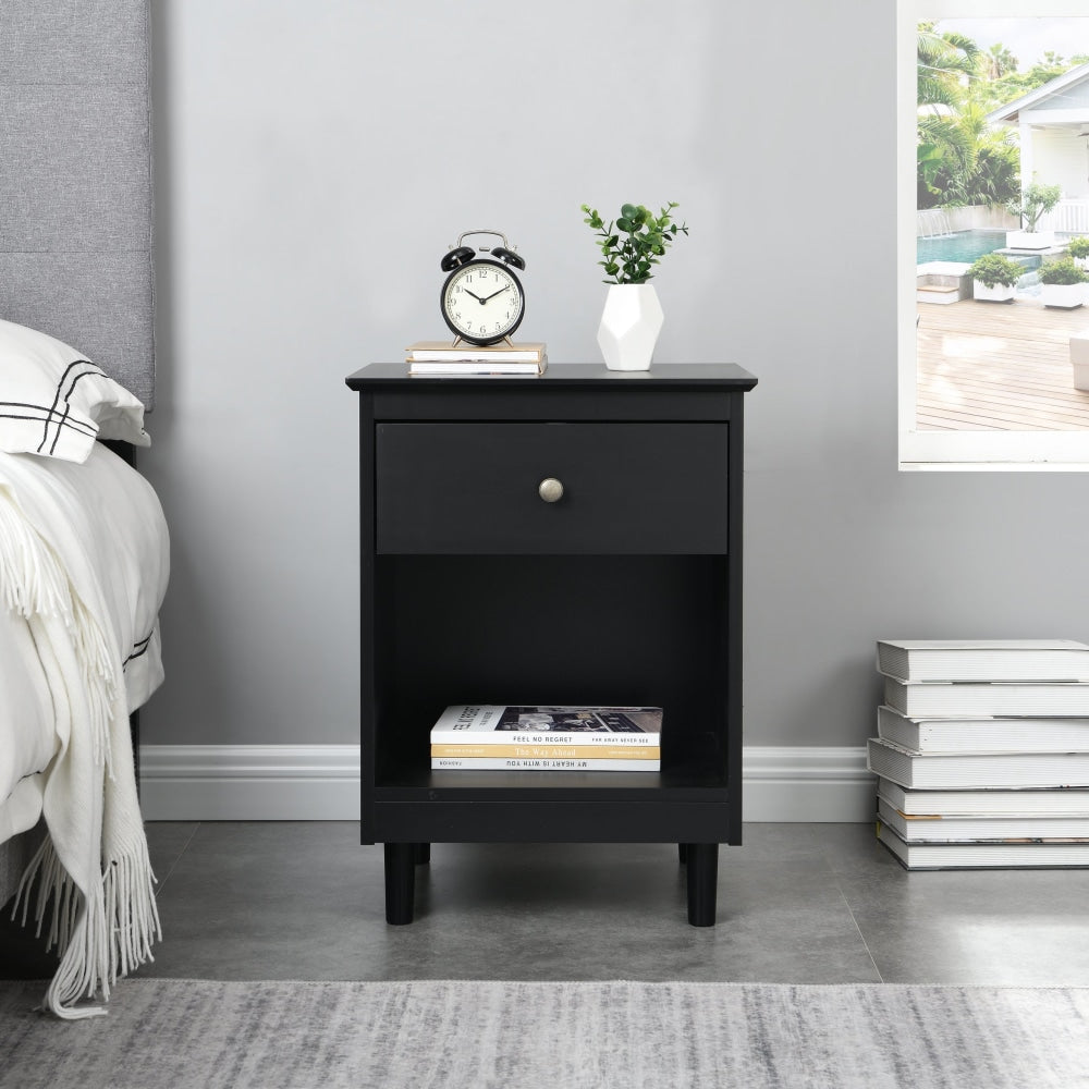 Ronnie Open Shelf Bedside Nightstand Side Table W/ 1-Drawers - Black Fast shipping On sale