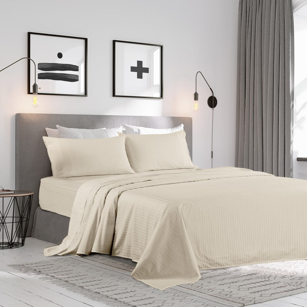 Royal Comfort Kensington 1200TC 100% Cotton Stripe Bed Sheet Set - Double Beige Fast shipping On sale